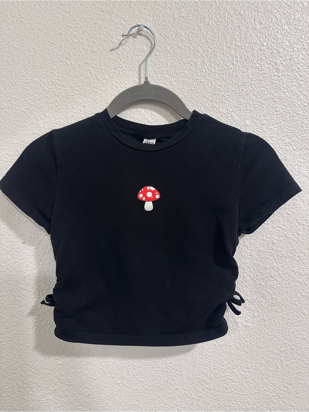 SHEIN Black Short Sleeve Tee with Red Mushroom Patch